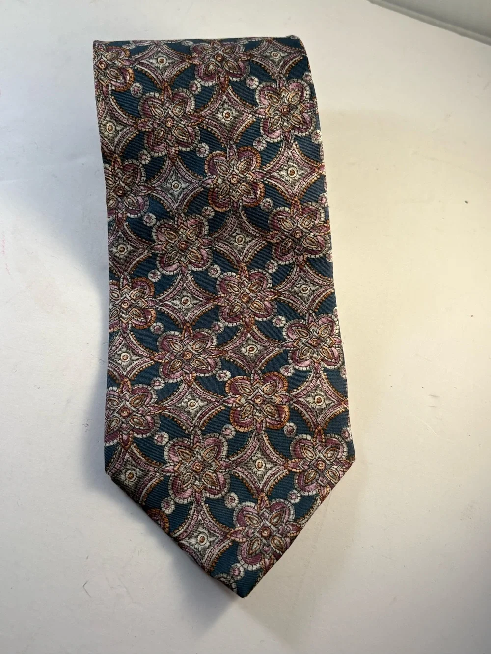 Vtg Christian Dior Monsieur Silk Tie Medallion Paisley Blue Pink Woven Italy USA